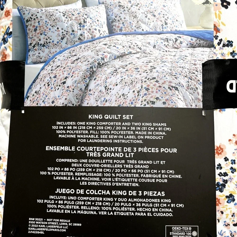NWT KARL LAGERFELD 3pc Quilt Set + Shams Ditsy Floral King Comforter 102 x 86